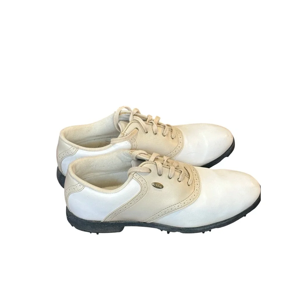 Etonic Womens Golf Shoes White Cream Leather Saddle Spiked Lace Up Size 9M